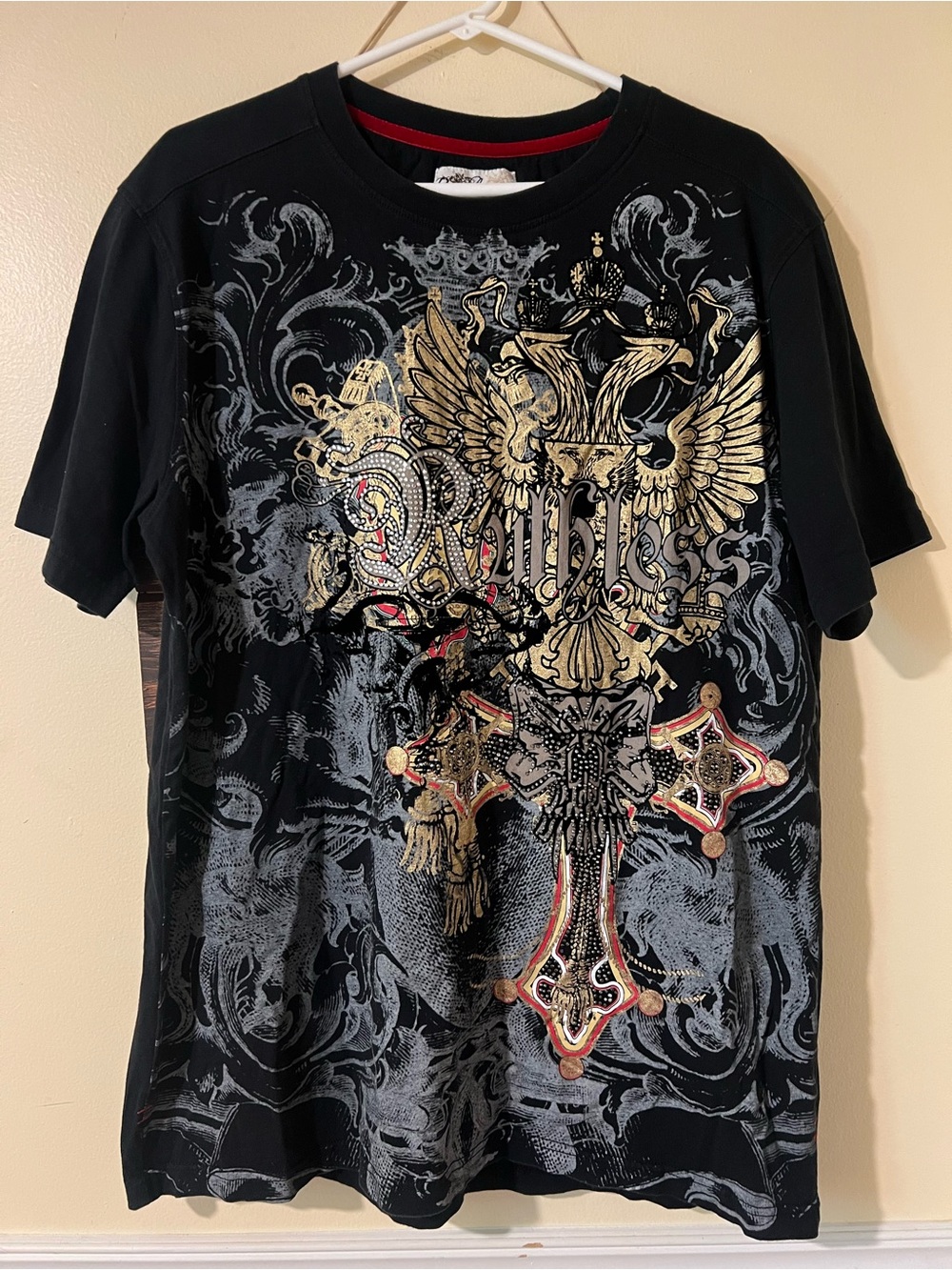 EUC Vintage Ruthless Art Shirt Mens 2XL Graphic Print Bedazzled Cross Y2K